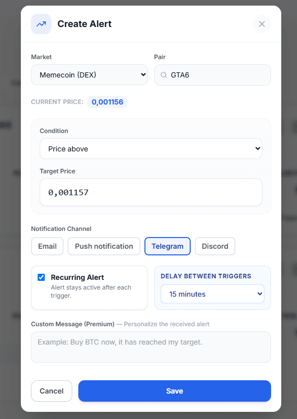 AlertBolt create alert form with Memecoin (DEX) market and GTA6 token selected