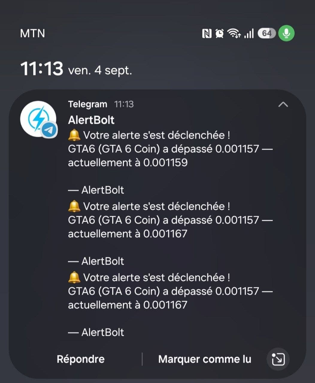 Telegram notification from the AlertBolt bot showing the triggered alert on the GTA6 token